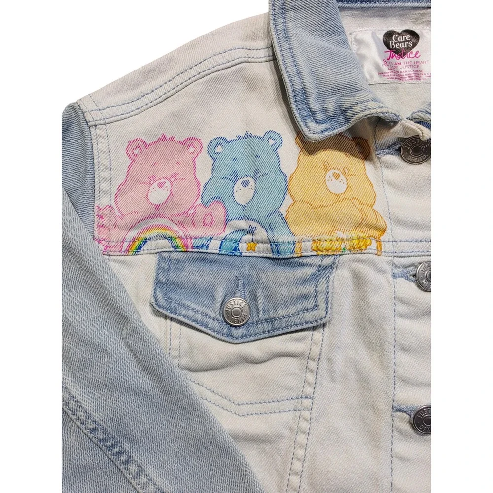 Justice Care Bears Denim Jacket Girls Sz 7/8 Light Wash Two Tone Frayed Hem